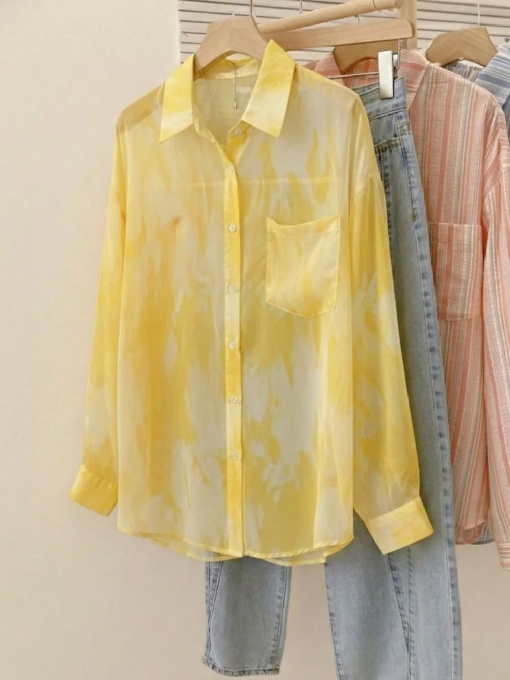 Yellow Casual Tie-Dye Women's Lightweight Sheer Long Sleeve button down Blouse - Picture 3 of 10